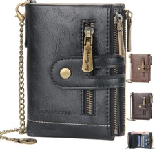 Men Men's Leather Wallet Chain C1 Sim ID Credit Card Holder Double Zipper Coin