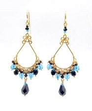 ARTISANAL Lightweight Royal Blue Black Onyx Crystals Gold Chandelier Earrings
