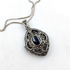 Marcasite Ornate Locket Pendant Necklace Vintage Sterling Silver 925 Onyx