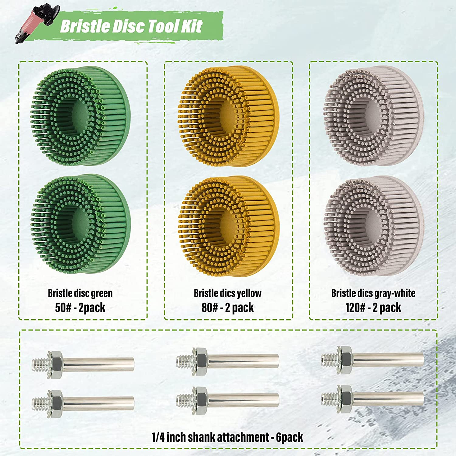 3-Pack 2-Inch Bristle Discs - 50, 80, 120 Grit With 1/4" Shank For Metal Grinding & Paint Removal
