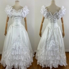 Vintage 80s Metallic Wedding Dresses Organza And Embroidery A-Line Bridal Gowns