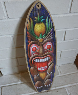 TIKI STATUE PINEAPPLE WELCOME Rustic Beach Bar Surfboard Home Decor Sign - NEW