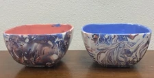Pair Of His And Her Abstract Swirl Dipped Paint Cereal Bowls 6” Diameter