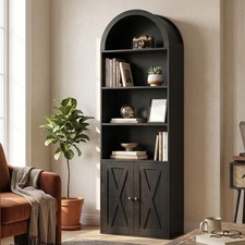 70" Tall Arched Bookcase with Doors 6 Tier Adjustable Inner Shelves Freestanding