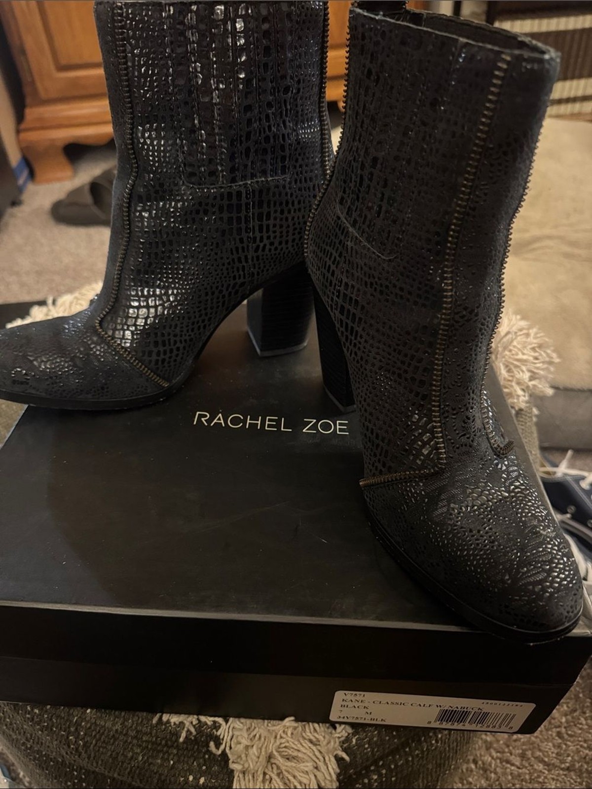 Rachel Zoe Black Croc-Embossed Leather Block Heel Ankle Boots