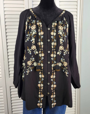 J.Jill Black Embroidered Top Size Small Button Front Tassel Romantic Resortwear
