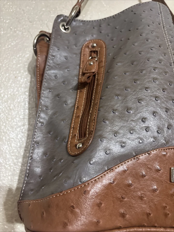 Женская сумочка Laura Scott серо-коричневая/коньячная с тиснением страуса - Изображение 3 из 4