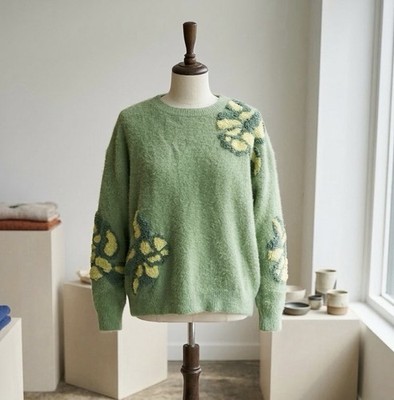 FRNCH Alyssia Fuzzy Sweater Large Women s Mint Green Textured Floral Pullover