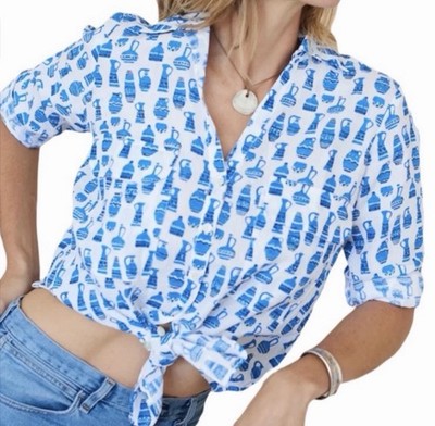 Roller Rabbit Linen Button Up Shirt Size XS Blue Urn Print Resortwear Vacation
