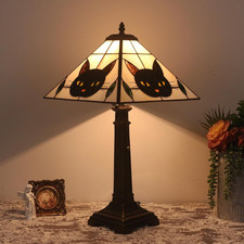 Tiffany Style Table Lamp,Black Cat Stained Glass Lamp,12X12X22 Inche Resin Base