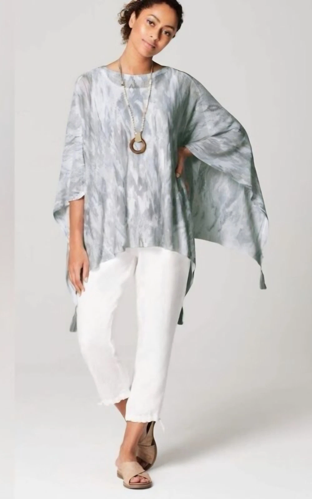NWT J Jill Pure Jill Poncho Drape Zinc White Ikat Linen Blend Tassel One Size