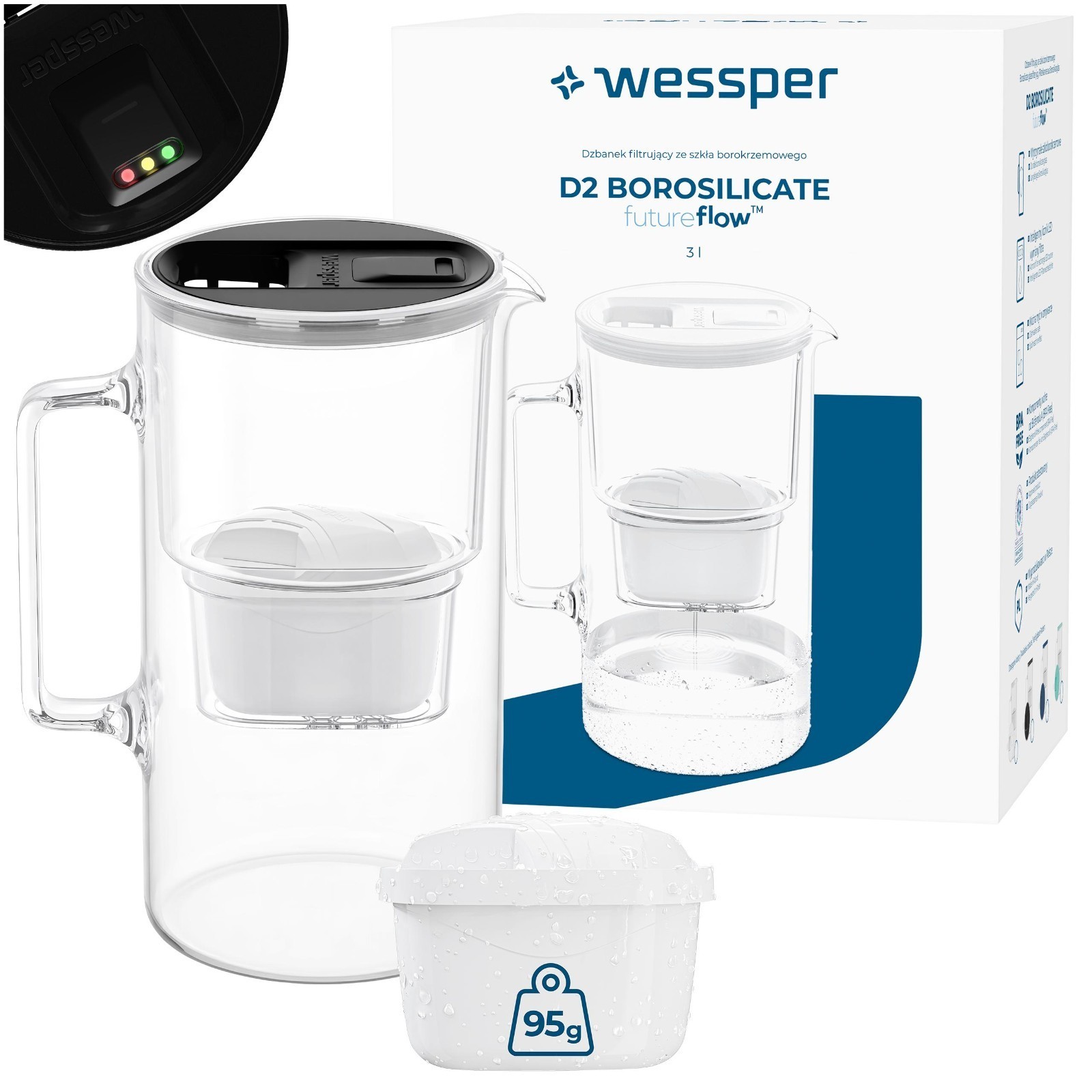 Wessper glass water filter jug, black, 3L, with LED filter change...