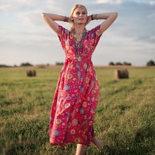 Midi Dress XL Red Floral V-Neck Open Back Pull Over Peasant Western Boho