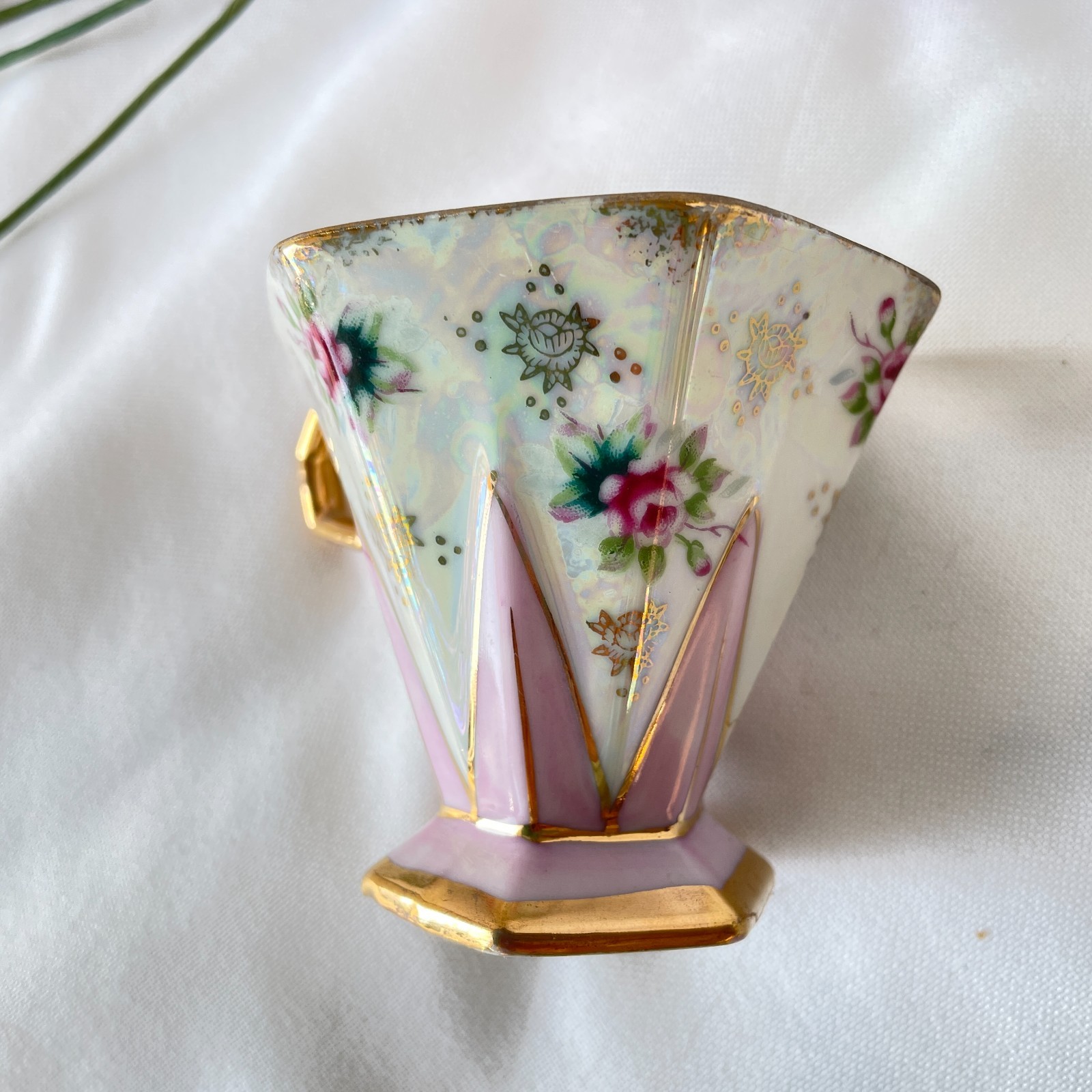 Vintage Bone China Lusterware Footed Teacup Pierced Saucer Small Roses Japan