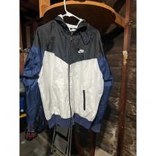 NIKE Windbreaker Jacket Mens Medium Black White Blue Hooded Athletic Sportswear
