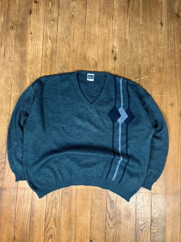 Pull maille vintage col V motifs rayures marine bleu 2XL XXL - Photo 1/4