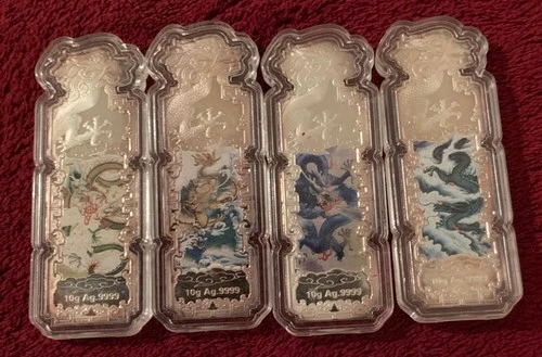 Dragon Design .999 Silver Bars Set of 4, 40g Total, Bullion Bar Shape