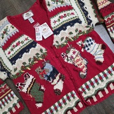 Vintage Tiara Ugly Christmas Sweater Womens 18-20 Red Chunky Knit Cardigan 90s