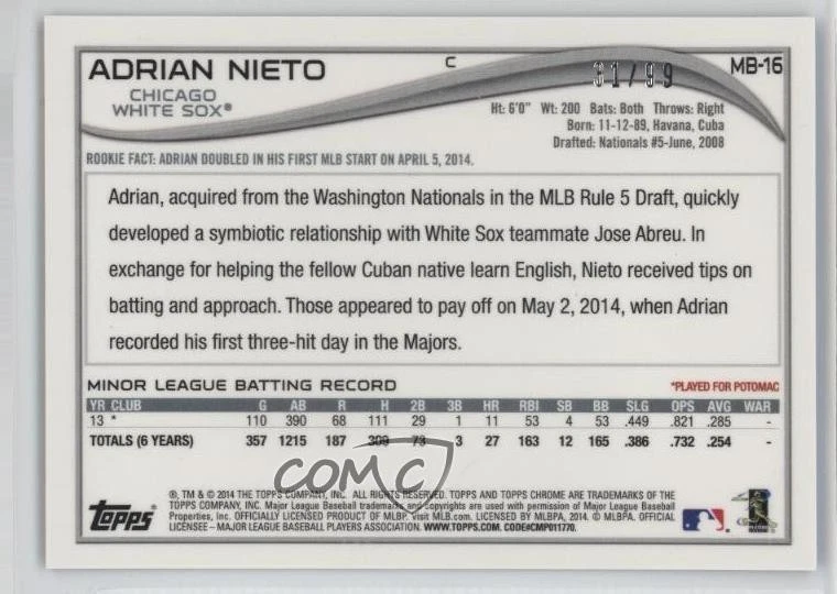 2014 Topps Chrome Update Mega Box Black Refractor /99 Adrian Nieto Rookie RC - Image 2 of 2