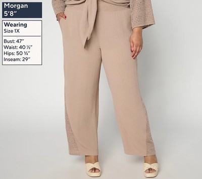 Susan Graver Stretch Woven Wide Leg Pants Crochet Inset Pull-On 29'' Inseam