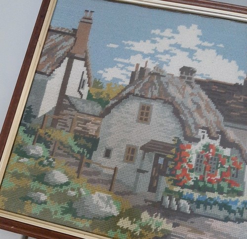 Vintage Framed Picture English Country 25 X 15" Cottage Core Cross Stitch - Picture 3 of 7