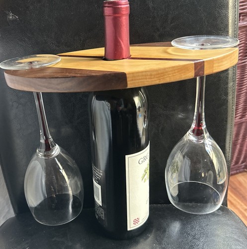 Artisan Wood Wine Bottle & Wine Glass Holder, w/2 Wine Glasses, Picnics, Outdoor - Picture 2 of 6