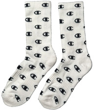 Champion Logoed Crew Socks Single Pair White Repeat, Youth Shoe Size 5Y-7Y