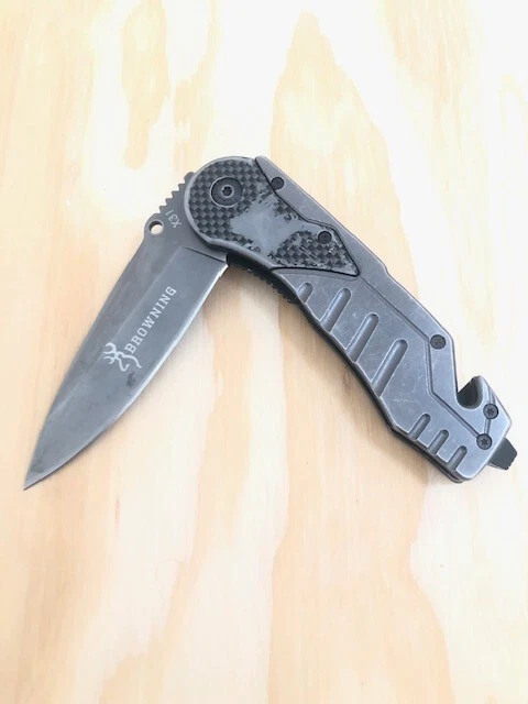 (Marrón) Cuchillo de bolsillo plegable de acero inoxidable de un solo filo con cortador de cinturón - EXCELENTE Foto 3 de 4