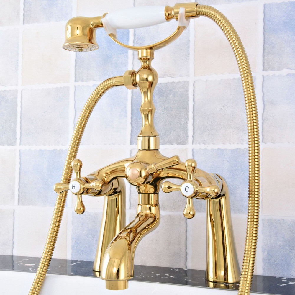 Polished Gold Brass Deck Mounted Clawfoot Bath Tub Faucet Hand Shower ...