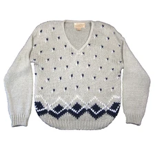 Vtg One Step Up Hand Knitted Birds Eye Sweater Women L Beige Pullover 80s Grunge