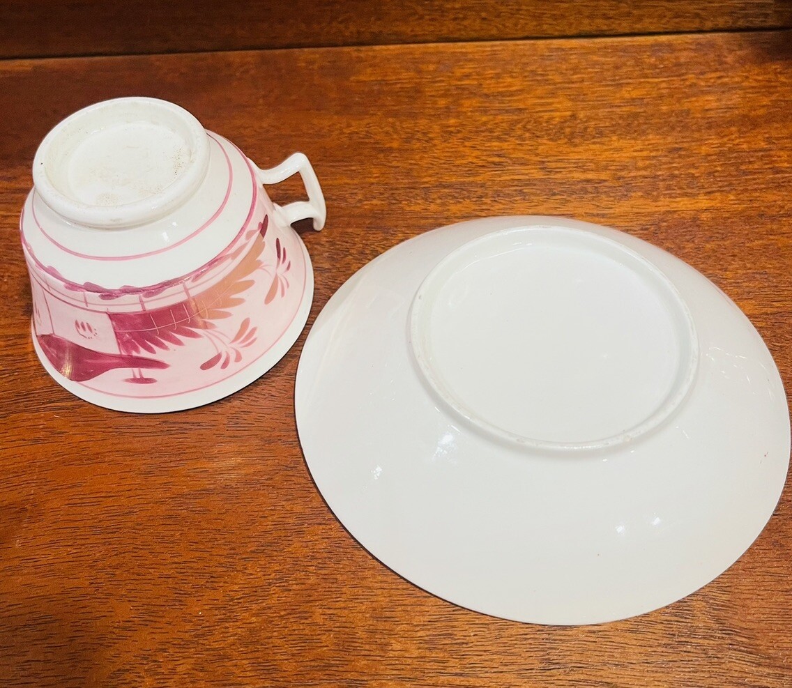 Antique Early 19th Century Pink Lusterware Teacup & Saucer Set