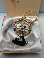 CAT KITTEN KEYCHAIN New In Box BEAUTIFUL ENAMEL  WHITE RHINESTONES Cute Gifts