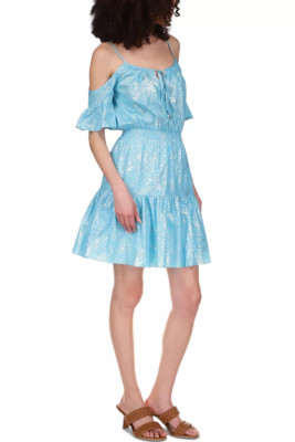 MICHAEL Michael Kors Foil-Print Cold-Shoulder Dress Turquoise Size XS 3050