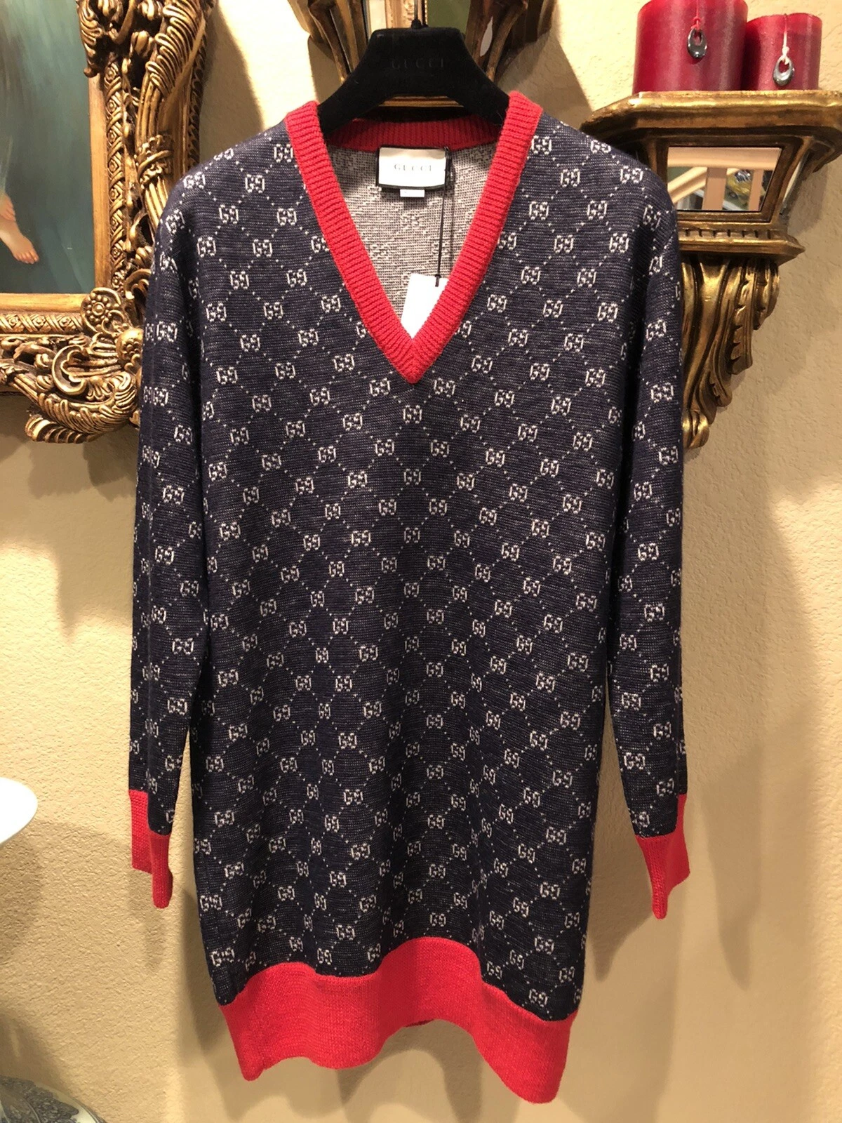 Abito top 100% autentico GUCCI GG collo a V lana jacquard alpaca $1800