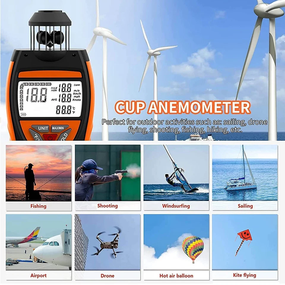 Digital Wind Speed Meter Handheld Cup Anemometer Air Velocity Gauge Thermometer - Image 4 of 4