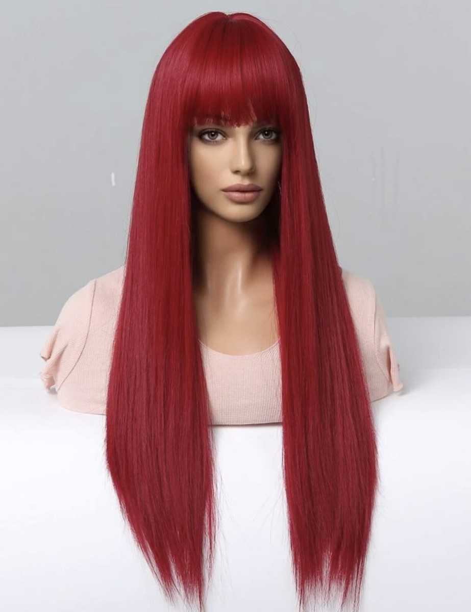 Perruque Longue Synthétique Rouge Lisse - Avec Frange - Taille De Bonnet Moyen (M) +4 - Neuf Sans étiquettes