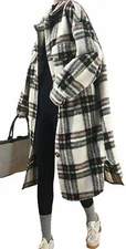 Women's Lightweight Spread Collar Wool Blend Plaid Midi Shacket Trench Coat Bn