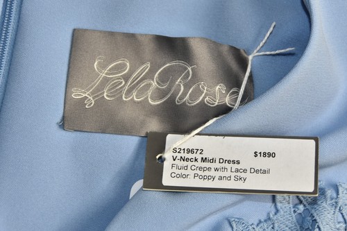 $1890 NEW Lela Rose V Neck Midi Dress Fluid Crepe w Lace Details Sky Blue 4 6 , - Picture 11 of 11