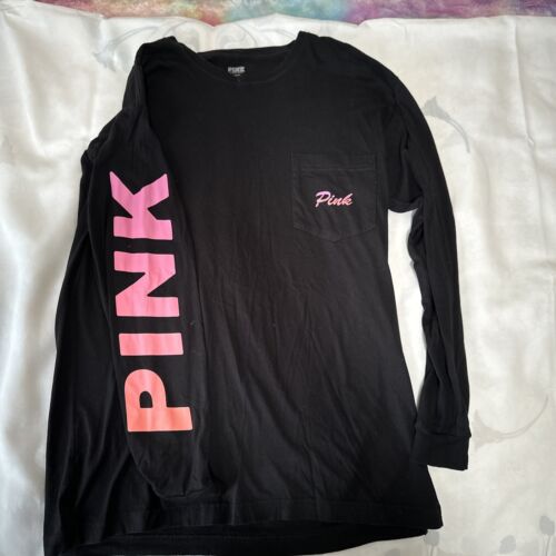 Victoria Secret-PINK long Sleeve Black Tee Medium - Picture 1 of 4