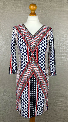 PROMOD Damen Gr. S Kleid Etui Dress blau rot weiß schwarz Retro Muster Robe 406
