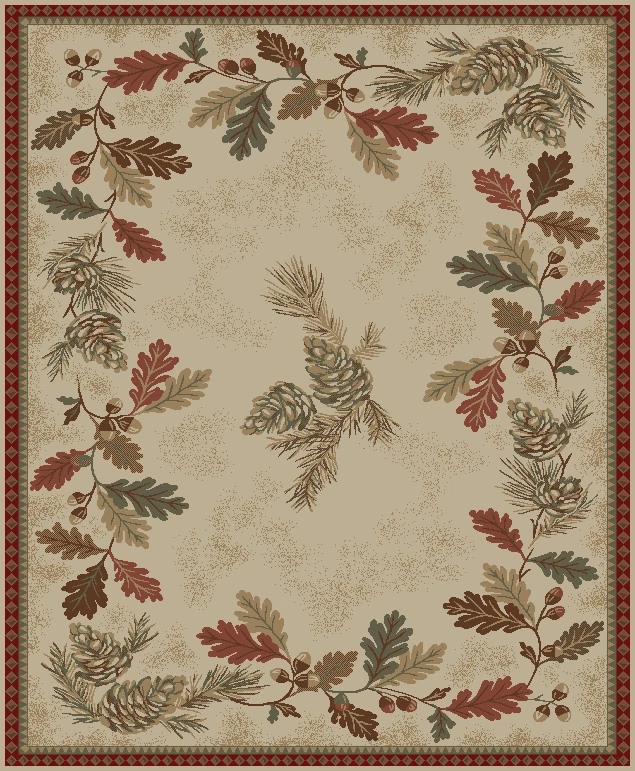 AMERICAN DESTINATION Oak Mountain Area Rug Lodge Cabin Tree Pine Cone Rustic Leaves Beige Red Green