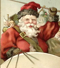 1910 GERMAN Christmas Postcard Black Trim Santa Smokes Pipe Delivers Toys