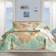 3 Piece Coastal Quilt Sets Full/Queen Size - Reversible Microfiber Quilts wit...