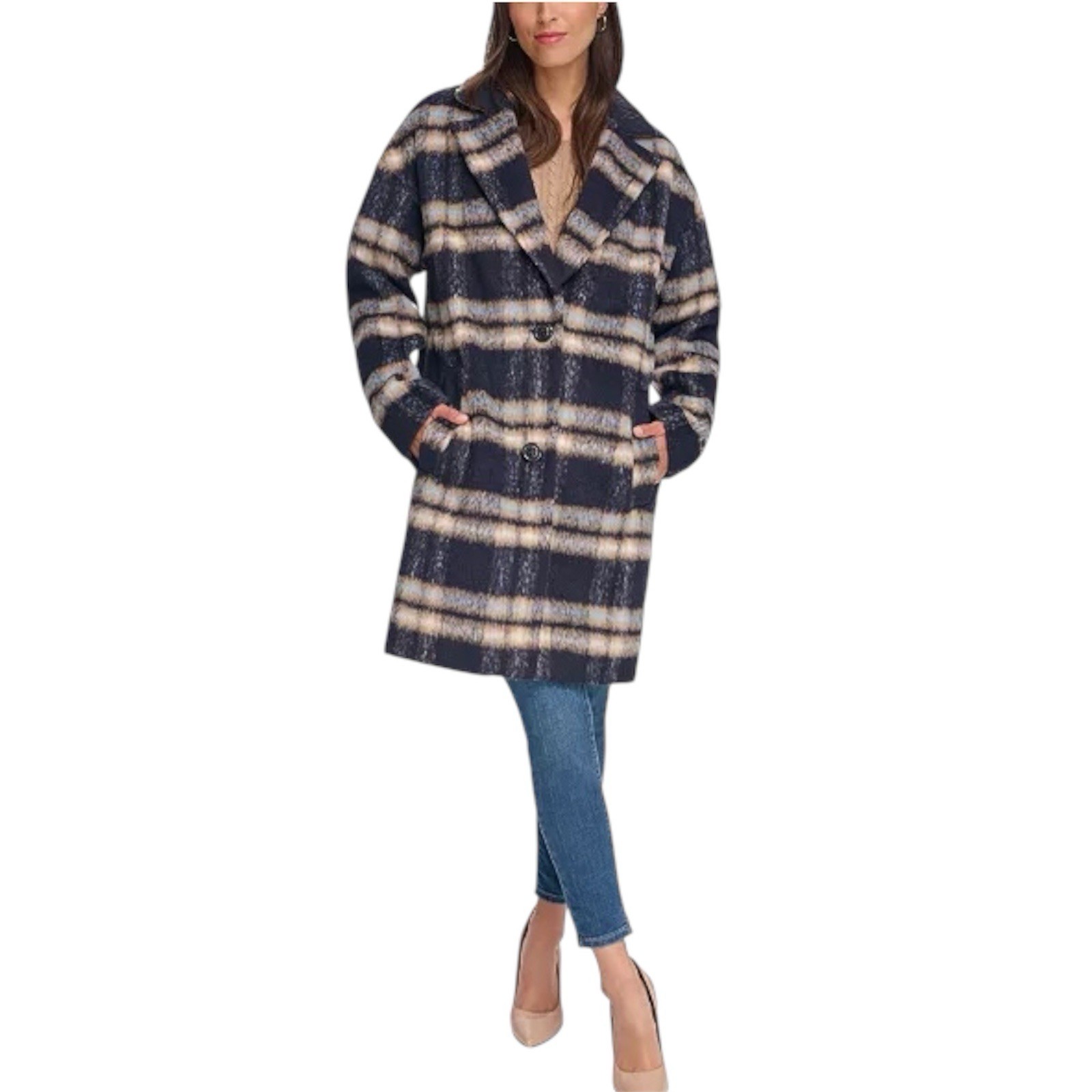 Tommy Hilfiger Women's Single-Breasted Plaid Notch-Neck Coat XXS Fits XS, Small