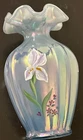 Vintage Fenton Signed "Bill Fenton" Hand Painted Iridescent Misty Blue Iris Vase