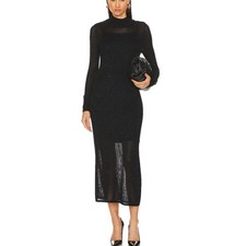 525 America Black Knit Midi Sweater Dress XS Metallic Mockneck $178 NEW Flaw
