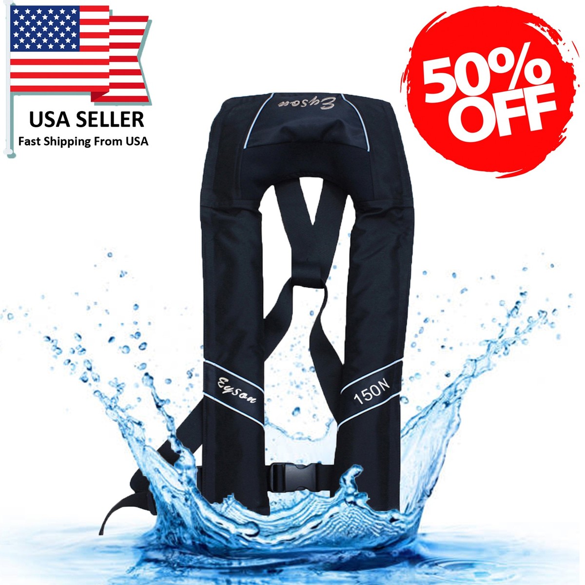 50% off adult inflatable life jacket automatic manual vest lifesaving pfd black