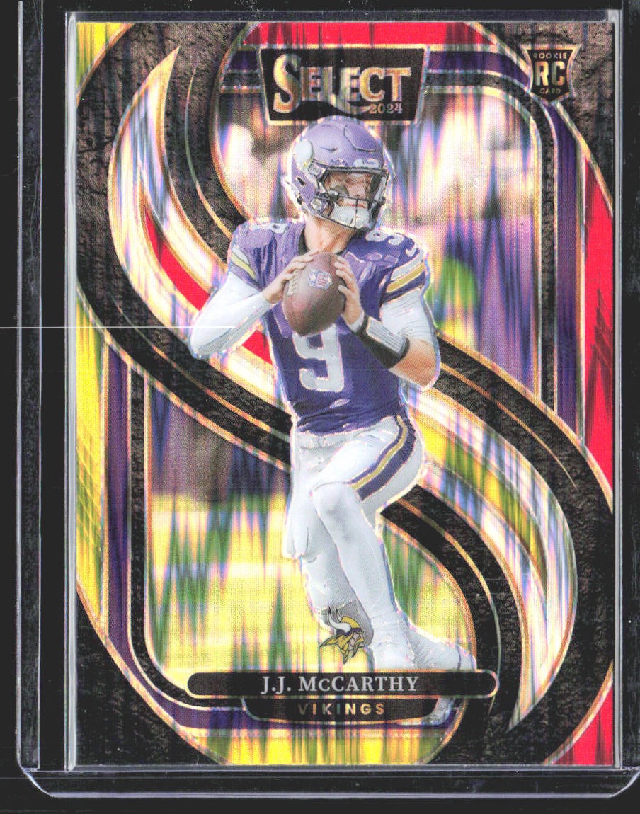 J.J. McCarthy 2024 Panini Select Premier Red & Yellow Prizm Shock RC