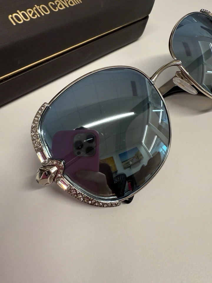 Очки солнцезащитные Roberto Cavalli Subra 974S 32X серебристые синие авиаторские со змеиным кристаллом - Изображение 3 из 4