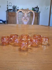 Imperial Carnival Glass Vintage Star & Fan Punch Bowl Cups Marigold Lot of 4